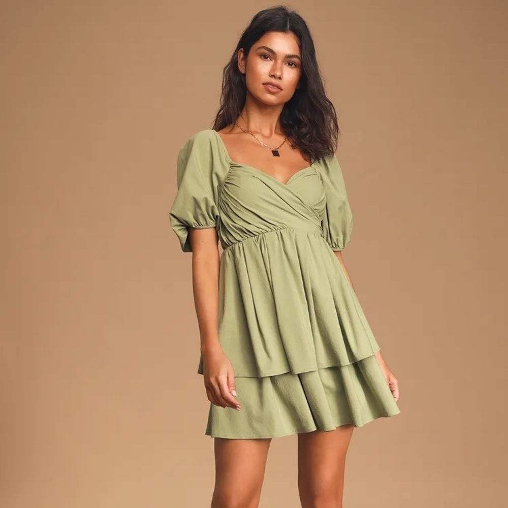 LuLus A Little Romance Pistachio Green Tiered Puff Sleeve Mini Dress size XS